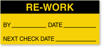 Re-Work By, Date, Next Check Date Calibration Label