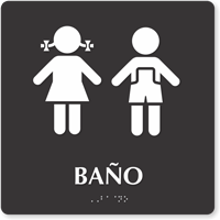 Banos Spanish Braille Sign with Girl Boy Pictogram