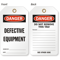 Danger Defective Equipment Double Sided Tag